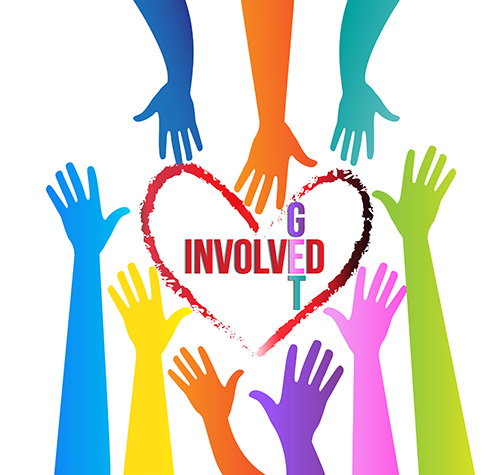 Colorful hands around a heart graphic saying Get Involved